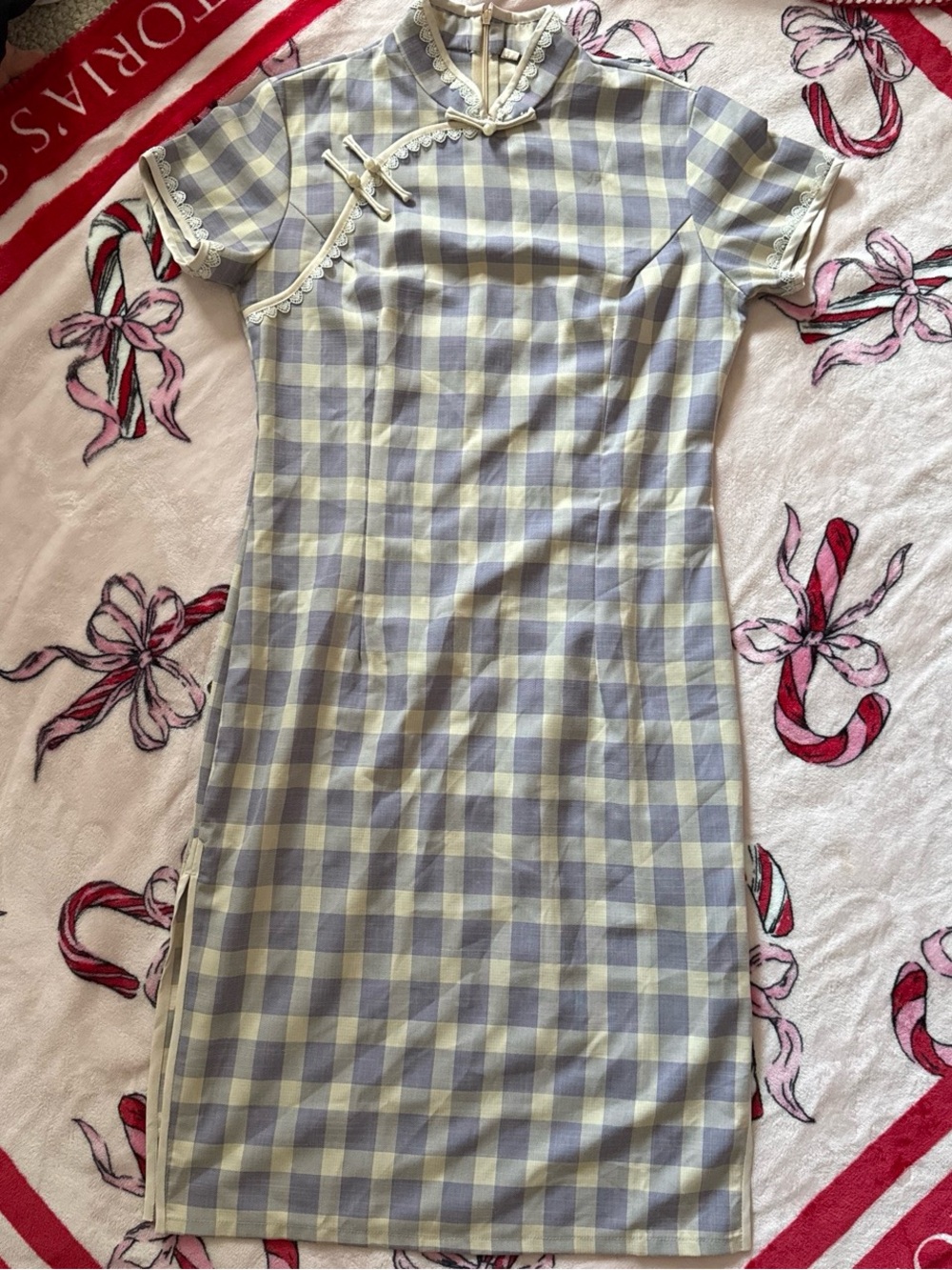 NWOT purple beige plaid cheongsam dress S